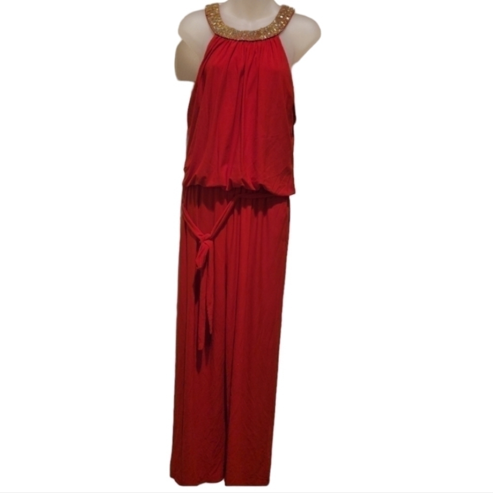 XSCAPE, Women's Wide Leg Jumpsuit With Embellished Halter Neckline